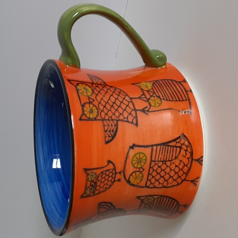 Pier 1 Stackable Orange Blue Owls Mug Cup No Rack